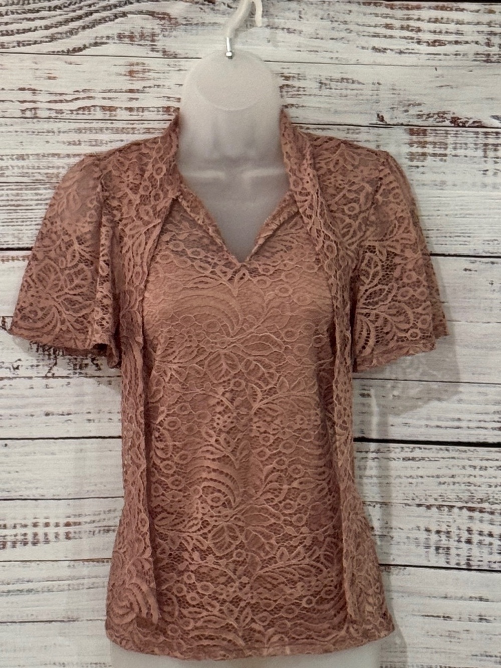 Cable & Gauge Lace V-Neck Short Sleeve Blouse in Dusty Rose